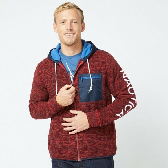NWT $99.50 Nautica S & XL Marled Navy Blue Burgundy Full Zip Hoodie Jacket New - Picture 1 of 5
